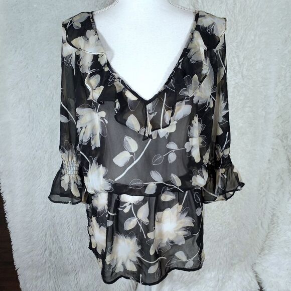 BISOU BISOU BLACK & CREAM FLORAL SHEER BLOUSE SZ.L EUC - Picture 2 of 7